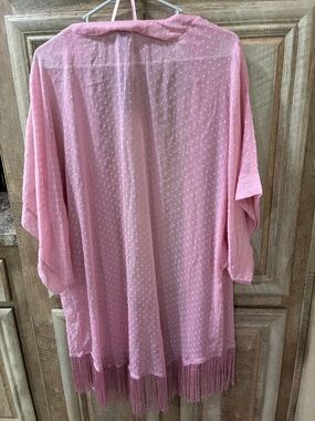 Mixit Pink Foxglove Swiss Dot Kimono Sheer With Fringe Swim Coverup